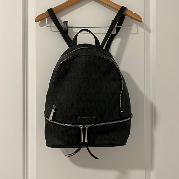 Michael Kors Rhea Medium Signature Backpack Handbag Black with Silver Hardware - Picture 3 of 17